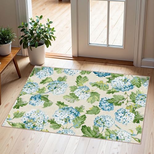 Front Door Mat Indoor Outside Entrance 2x3 Blue Hydrangea Entry Rug