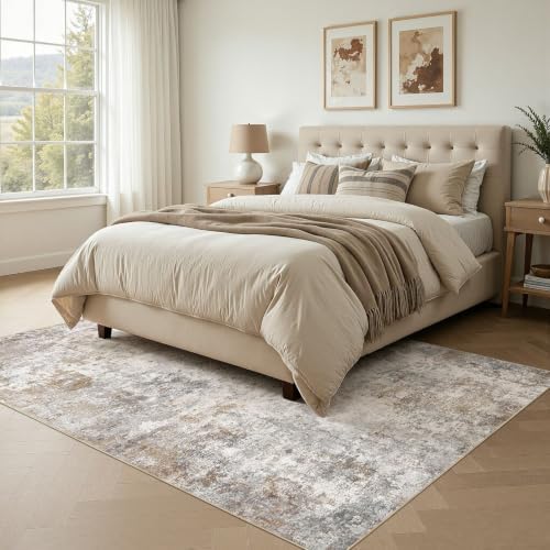 UERMEI 6x9 Area Rug Living Room Rugs - Washable Neutral Modern Abstract Soft Thin Large Rug Indoor Floor No Slip Rug Carpet for Bedroom Under Dining Table Home Office Decor - Brown Grey
