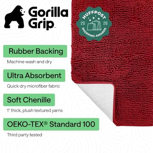 GORILLA GRIP Bath Rug Mat for Bathroom, Absorbent Chenille, 60x24 Red