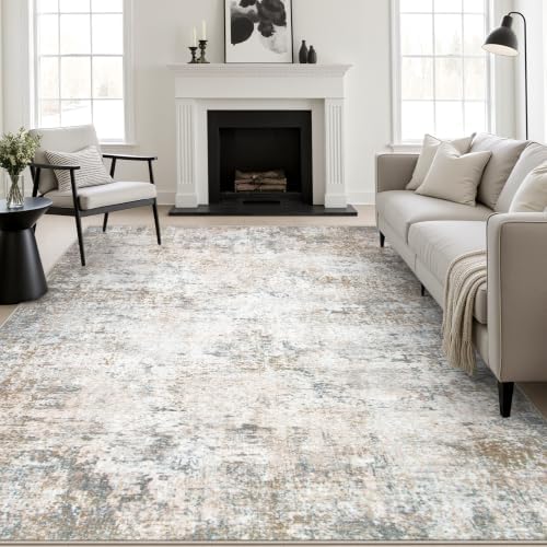 9x12 Area Rug Living Room Rug: Washable Modern Abstract Soft Thin Rug Indoor Floor No Slip Stain Resistant Carpet for Bedroom Dining Room Farmhouse Nursery Home Office - Brown Grey