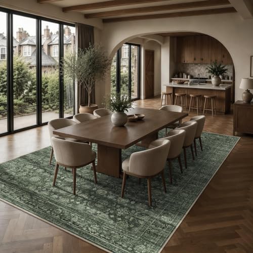 JOOJA 8x10 Dark Green Vintage Soft Low Pile Non Slip Boho Washable Area Rug
