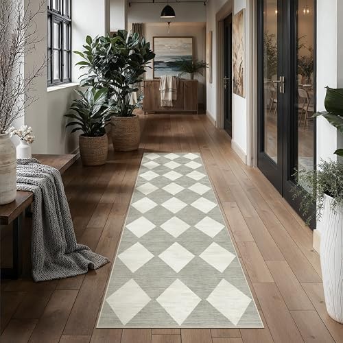 PureCozy Grey 2x10 Washable Runner Rug Kitchen Non Slip Checkered Carpet