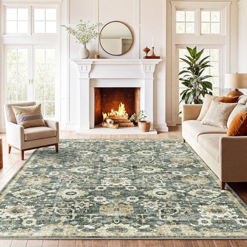 Amada 6x9 Washable Area Rug for Dining Room, Green/Brown, Vintage Pattern