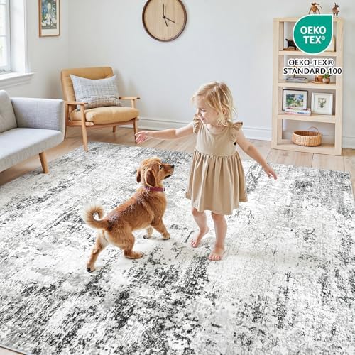 5x7 Area Rugs for Living Room Large Washable Abstract Rug White Grey Black