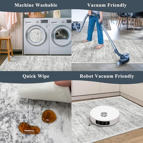Rug Runners 2x6 Hallway Washable, Non Slip with Rubber Backing Carpet for Kitchen Bathroom Neutral Moroccan Vintage Oriental Distressed Area Rugs for Bedroom Laundry Room Entry Entryway, Grey/Ivory