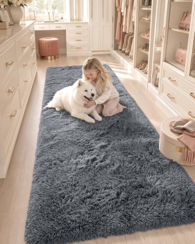 OLANLY 2x10 Machine Washable Runner Rugs for Hallway, Soft Fluffy Shaggy Bedside Rugs for Bedroom, Living Room, Indoor Floor Carpet for Kids Girls and Boys, Nursery Rooms, Home Decor Aesthetic, Grey