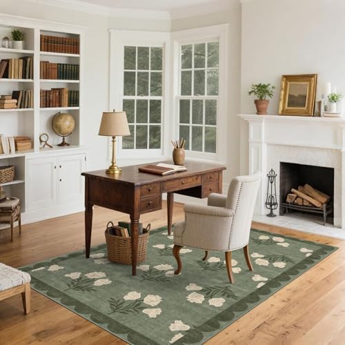 4x6 Covered Outdoor Patio Rug - Green Washable Front Porch Entry Rug Non-Slip Door Mat Indoor Outside Entrance Vintage Floral Scalloped Area Rug for Living Room Entryway Backyard Porch Decor