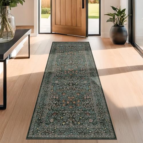 Dark Green 2x7 Long Washable Runner Rug Non Slip, Throw Rugs Runners for Kitchen Hallways Entryway Bathroom Laundry Room, Floor Mat Vintage Floral Carpet Low Pile Stain Resistant