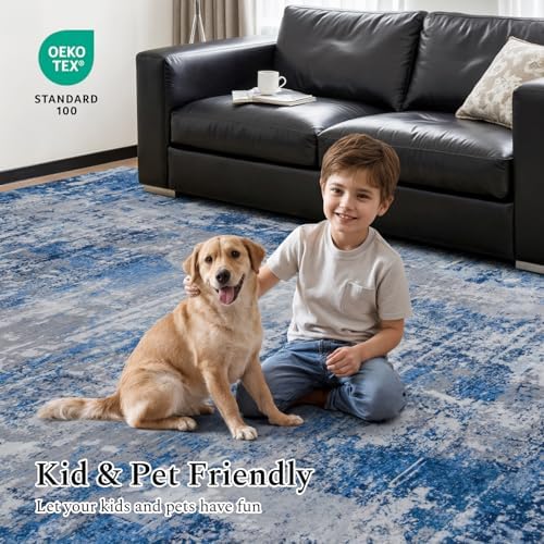 Rugflix 8x10 Area Rugs for Living Room, Washable Blue Grey Large Rug