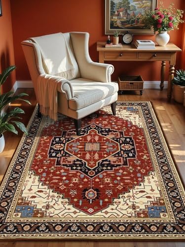 Macgace Washable Vintage Area Rug for Bedroom, 4x6 Cute Rugs Orange Red