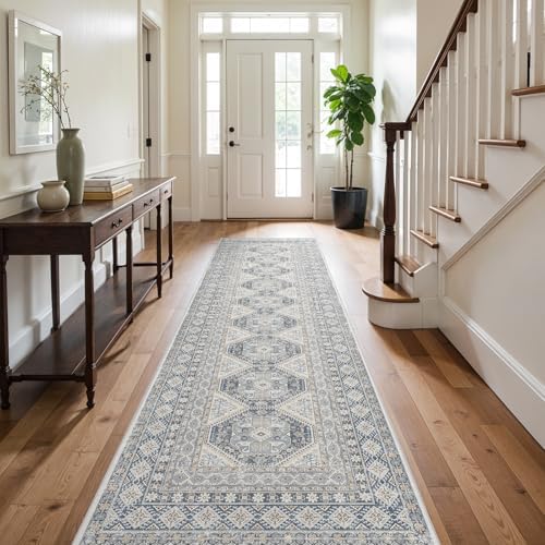 Ksrau 3x12 Runner Rug Washable Vintage: Non Slip Hallway Runners Blue
