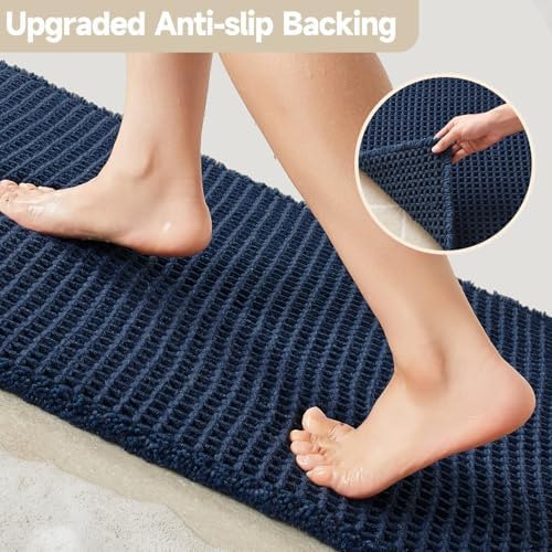TYUU Waffle Runner Rug Bathroom, Long Boho Bath Mat, 60x24 Navy Blue