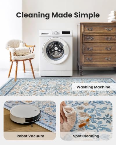 Amada Floral Washable Area Rug,8'x10',Light Blue