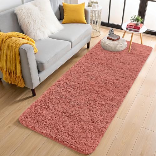 OLANLY 2x4 Machine Washable Runner Rugs for Hallway, Soft Fluffy Shaggy Bedside Rugs for Bedroom, Living Room, Indoor Floor Carpet for Kids Girls and Boys, Home Decor Aesthetic, Rust Red