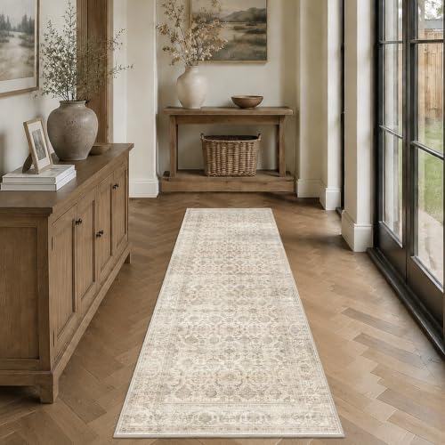 JOOJA 2'6"x8' Vintage Boho Runner, Beige Washable Non-Slip Long Hallway Rug