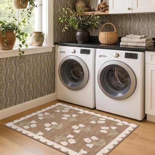 3x4 Floral Entry Rug - Small Washable Indoor Outdoor Mats for Front Door Non-Slip Porch Rug Tan Boho Neutral Farmhouse Throw Rugs for Living Room Bedroom Entryway Kitchen Office Porch Decor