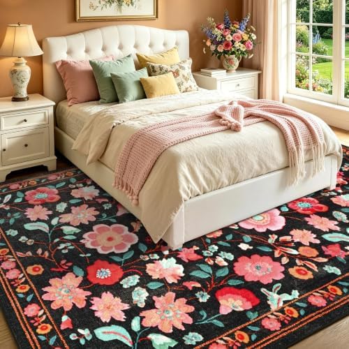 8x10 Ft Washable Area Rug for Living Room Black Vintage Floral Carpet