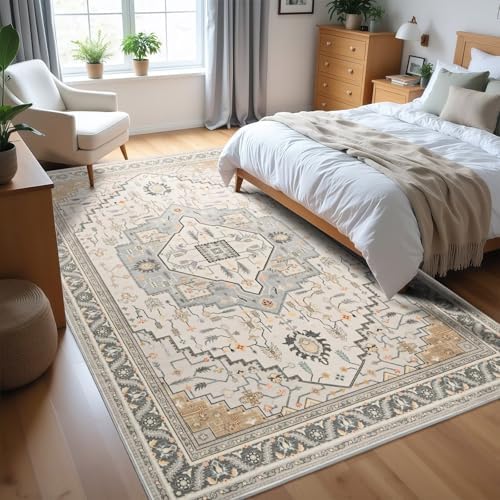 Macgace Washable Vintage Area Rug for Living Room, 5x7 Rugs Grey Beige