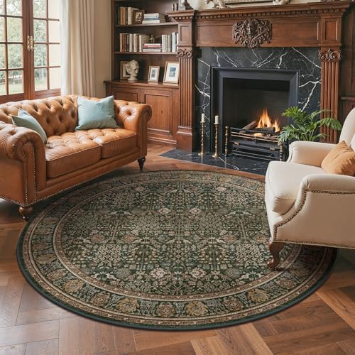 Bavni 8ft Round Area Rug 8x8, Washable Non Slip, Dark Green Brown