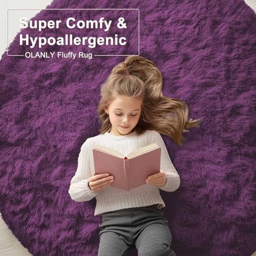 OLANLY Dark Purple Round Rugs for Bedroom - Machine Washable, 2 ft Circle Area Rugs for Living Room, Soft and Fluffy Shaggy Carpet for Teen Girl and Boys, Nursery Rooms, Dorms, Home Decor Aesthetic