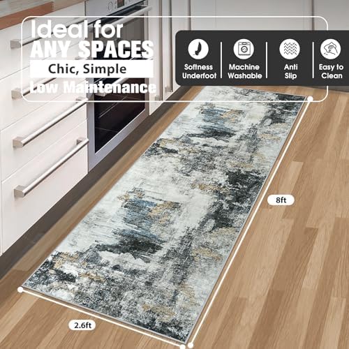 Aelenmu Runner Rugs for Hallways Kitchen 2.6x8 Non Slip Washable Black Gold
