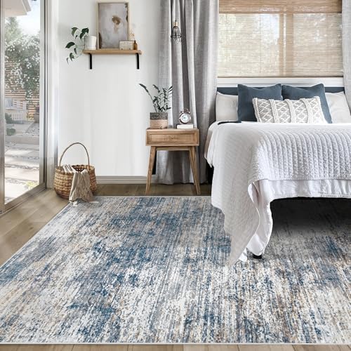 XLUEZ 5x7 Area Rugs for Living Room, Washable Modern Abstract Large Area Rug Neutral Soft Non Slip Kids Rug Stain Resistant Indoor Carpet for Bedroom Nursery Dining Room Playroom(BlueWhite, 5'x7')