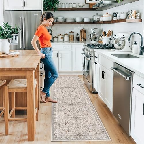 2x10 ft Hallway Runner Rug Washable – Boho Floral Non Slip Long Carpet Runner for Kitchen Entryway Bedroom Living Room, Soft Low-Pile Thin Floor Area Rug (Beige, 2x10)