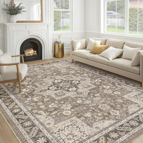 cotiled 8x10 Area Rug for Living Room, Washable, Traditional, Brown