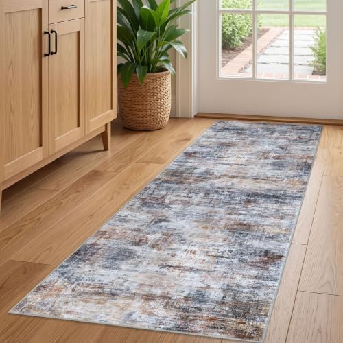 IOHOUZE Abstract Runner Rug 2x5 Ft Washable Runners for Hallways, Non Slip Kitchen Runner Soft Printed Faux Wool Entryway Runner Indoor, Modern Abstract Floor Carpet for Hall Bedroom, Orange Grey