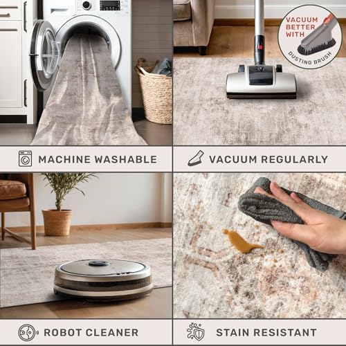 Washable Non Slip Stain Resistant 2x5 Runner Rug for Bathroom, Kitchen, Laundry Room, Bedroom Beside Bed, Unique Tan Distressed Abstract Eclectic Runner Décor, Beige Brown, Distressed Design