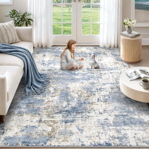 XLUEZ 5x7 Area Rugs for Living Room, Washable Modern Abstract Large Area Rug Neutral Soft Non Slip Kids Rug Stain Resistant Indoor Carpet for Bedroom Nursery Dining Room Playroom(Blue, 5'x7')