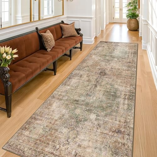 Washable 2x10 Long Non Slip Runner Rugs for Hallway, Farmhouse Green Brown Kitchen Rugs with Rubber Backing, Vintage Indoor Floor Mats for Entryway, Neutral Medallion Abstract Décor, Distressed Design