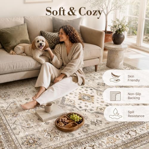 cotiled 5x7 Area Rug for Living Room, Washable, Traditional, Beige