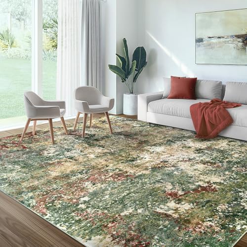 10x12 Area Rug for Living Room - Washable Abstract Rus Modern Neutral Soft Rug for Bedroom Dining Room No Slip Low Pile Carpet for Nursery Home Office - Red/Ivory