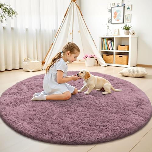 OLANLY Blush Round Rugs for Bedroom - Machine Washable, 6 ft Circle Area Rugs for Living Room, Soft and Fluffy Shaggy Carpet for Teen Girls and Boys, Nursery Rooms, Dorms, Home Decor Aesthetic