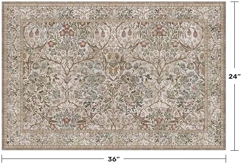 Moss Green Washable 2x3 Entry Rug - Front Door Rugs Indoor, Vintage Floral Style Small Rug for Kitchen, Bathroom, Non-Slip Boho Vintage Dark Taupe Entryway Décor