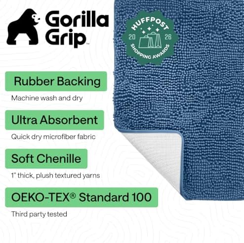 GORILLA GRIP Bath Rug Mat for Bathroom, Absorbent Chenille, 60x24 Blue