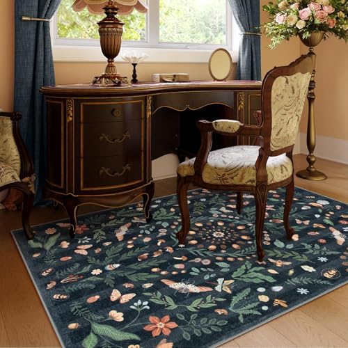 Lahome Washable Insect Botanical 3x5 Area Rugs for Entryway - Machine Washable Non-Slip Kitchen Rugs, Black Boho Low Profile Soft Faux Wool Indoor Door Mat for Bedroom, Bedside, Bathroom, Laundry