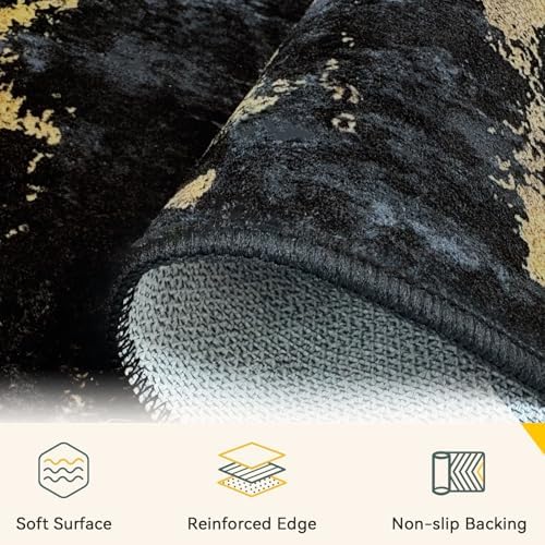 RELEANY Washable Runner 2'x8' Abstract Area Rug for Hallway Black Gold