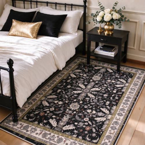 3x5 Kitchen Rug Washable Non-Skid, Boho Indoor Small Throw Area Rugs for Entryway Bedroom Living Room Floor, Soft Stain-Resistant Low-Pile Thin Doormat（Black, 3x5）