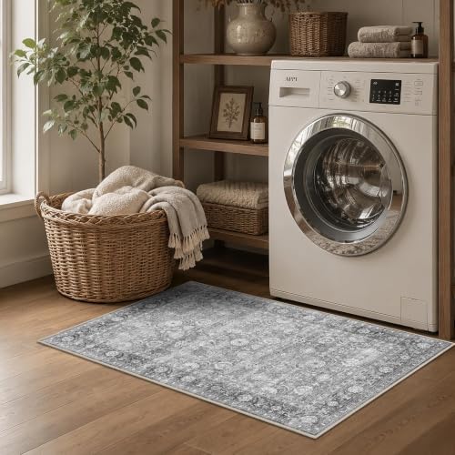 JOOJA 2x3 Grey Vintage Low Pile Non Slip Washable Boho Entryway Throw Rug