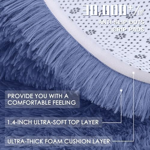 OLANLY Denim Blue Round Rugs for Bedroom - Machine Washable, 8 ft Circle Area Rugs for Living Room, Soft and Fluffy Shaggy Carpet for Teen Girl and Boys, Nursery Rooms, Dorms, Home Decor Aesthetic