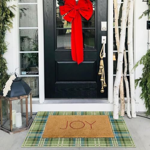 Front Door Mat Outside Entrance, 2x3 Green Teal Tartan Plaid Rug