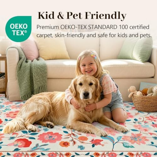 9x12 Ft Washable Area Rug for Living Room Beige Vintage Floral Carpet