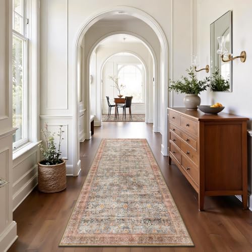2x6 Hallway Runner Rug, Washable Vintage Retro Long Runner Rugs for Kitchen Laundry, Soft Ultra Thin Non Slip Low Pile Traditional Distressed Boho Carpet for Bedroom Bathroom, Rust Clay