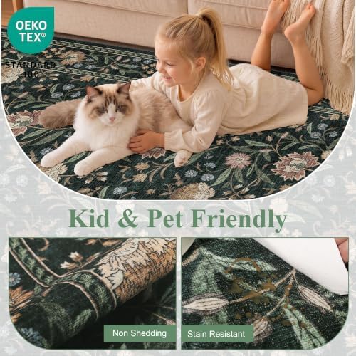 DUKINO 9x12 Area Rug for Living Room Vintage Floral Washable Rug Dark Green