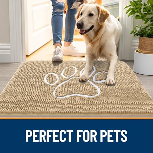 OLANLY Dog Door Mat for Muddy Paws 59x20, Paw Print Design Chenille Mud Mat
