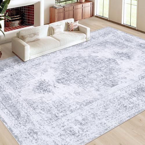 XLUEZ Area Rug 10x12 Living Room Rugs, Machine Washable Vintage Distressed Medallion Rug Non-Slip Soft Low Pile Large Indoor Rugs for Bedroom Kitchen Dining Room Office(Light Grey,10'x12')