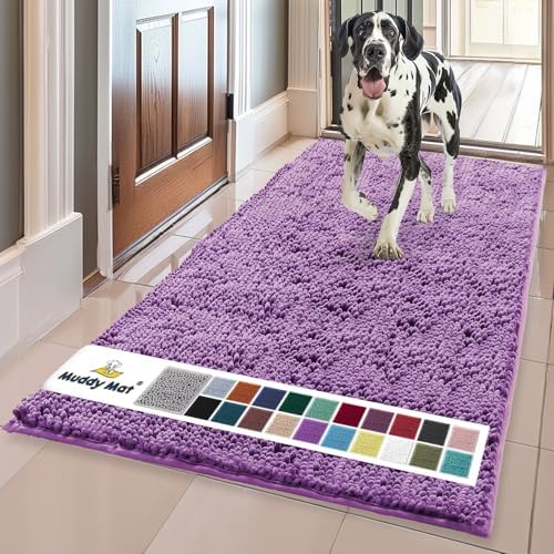 Muddy Mat® | Super Water Absorbent Door Mat Indoor, Microfiber Quick Dry Chenille Entryway Rug, Slip Resistant Front Door Mat, Indoor Mats for Entryway, Machine Washable Pet Rug, Purple 24" x 96"