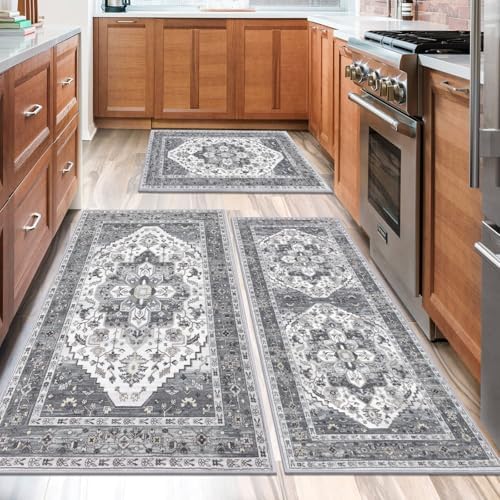 HEBE Boho Kitchen Rugs Set of 3, Non Slip Washable Kitchen Mats for Floor